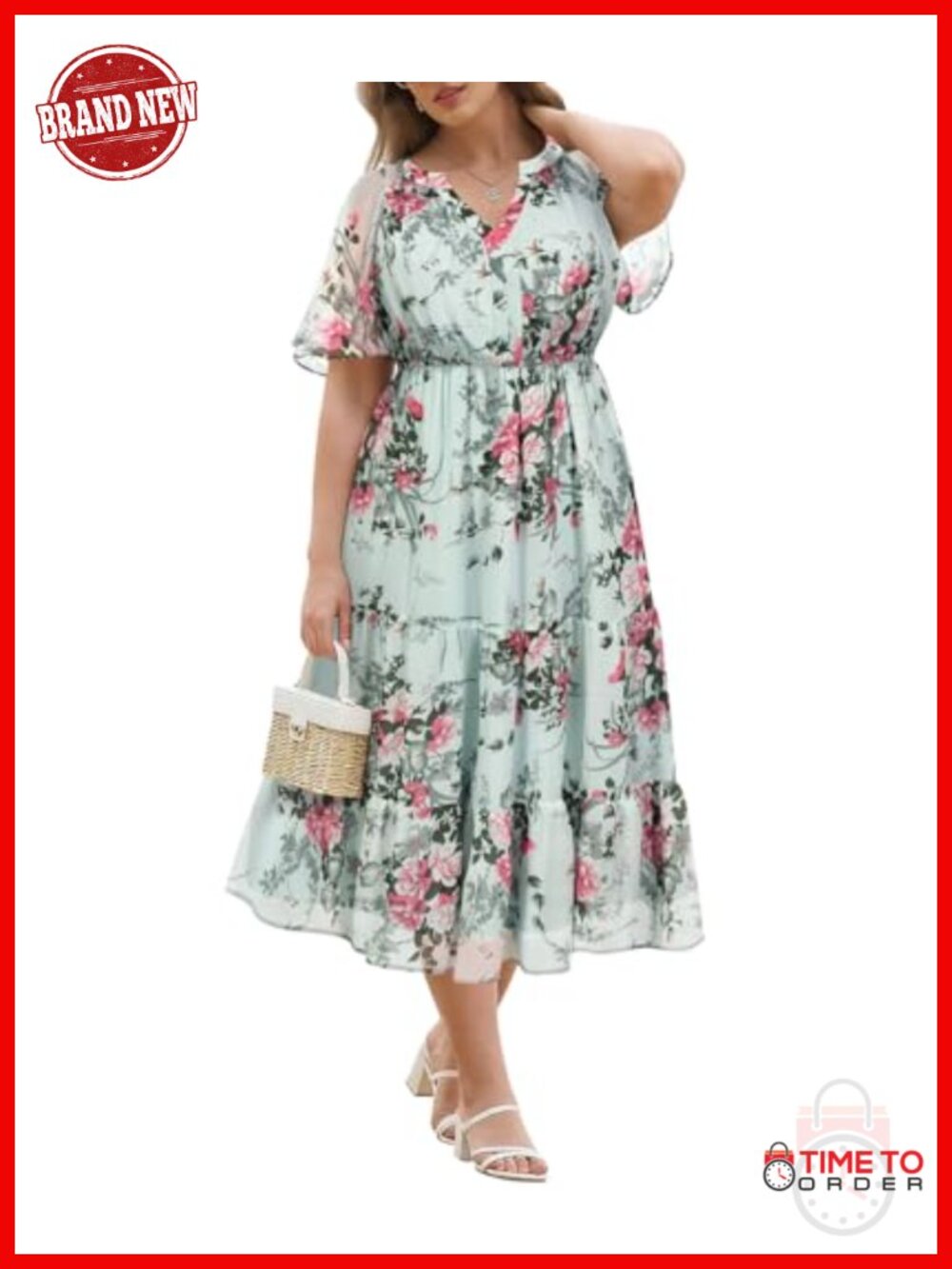 Plus Size Chiffon Midi Dress V Neck Ruffle Sleeve Flowy Beach Wedding Guest
